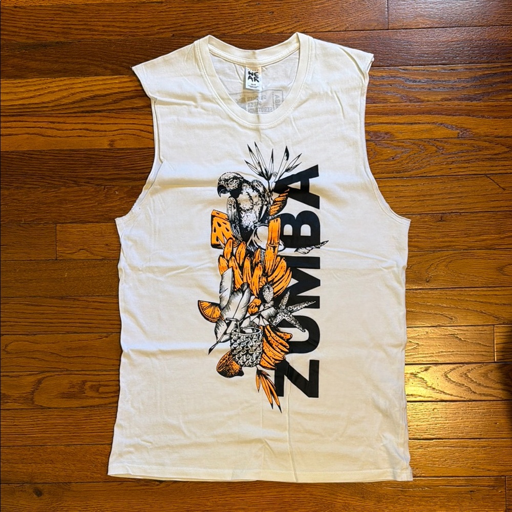 Zumba Fitness White Sleeveless Muscle Tee with Orange & Black Tropical Graphic